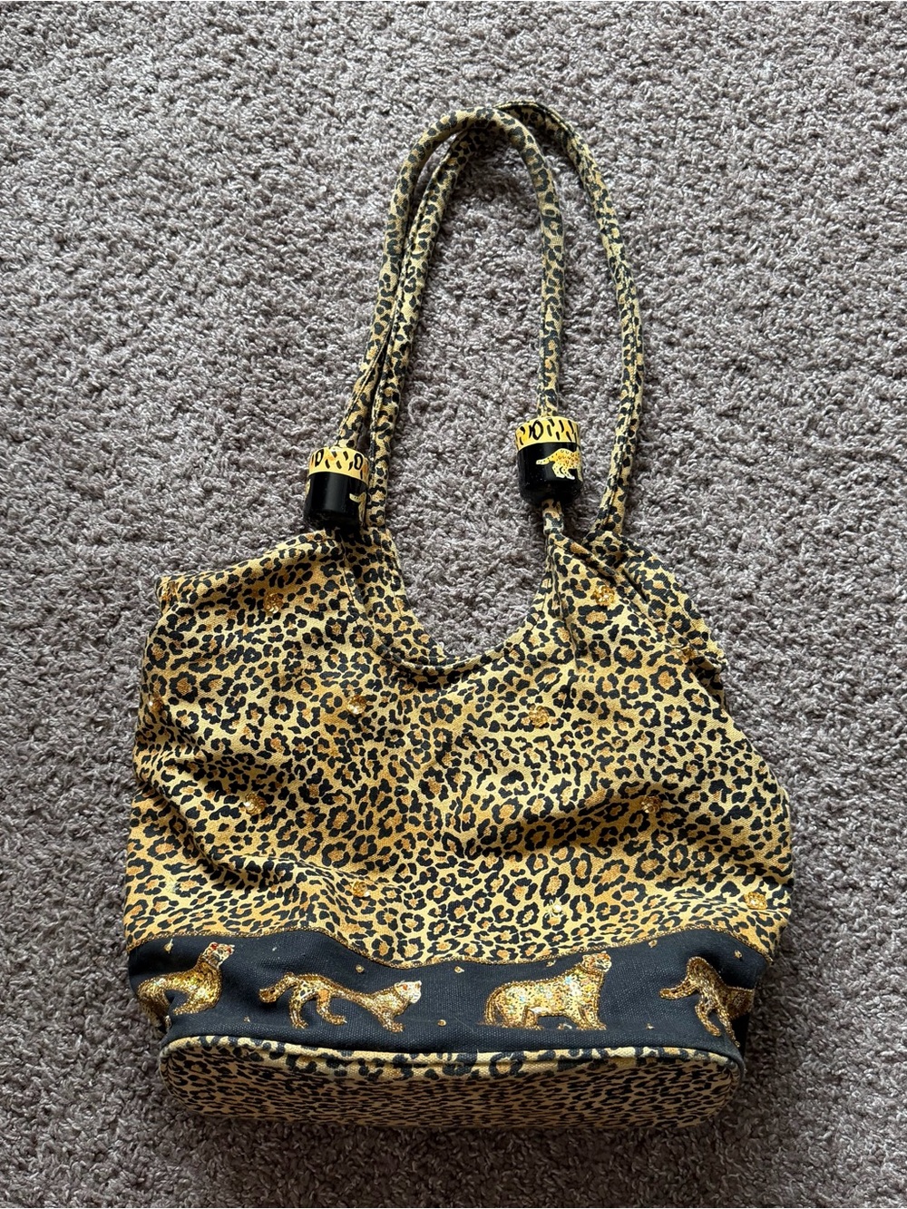 Rare Vintage Leopard Print Sequin Tote Bag With Wooden Charms